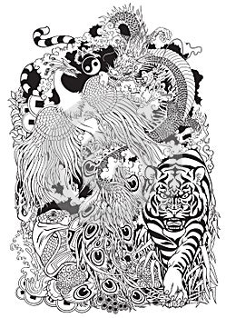 Four celestial animals  black and white illustration