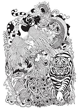 Four celestial animals  black and white illustration photo