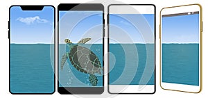 Four cell phones display an ocean scene with a green sea turtle surfacing.
