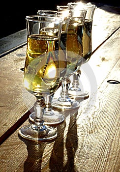 Four champagne wine glasses in the sunset light, celebration sparkling wine