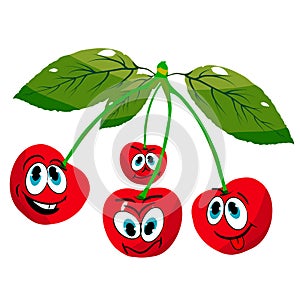 Four cheerful cherries on twigs, cartoon on a white background.