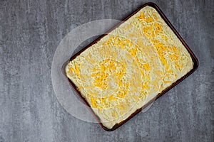 Four cheese pizza or cheese bread in pan