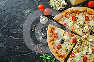 Four cheese Pizza. Cheese Pull. Pizza on a Background with copyspace.