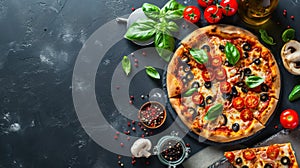 Four cheese Pizza. Cheese Pull. Pizza on a Background with copyspace.