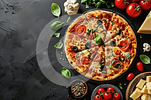 Four cheese Pizza. Cheese Pull. Pizza on a Background with copyspace.