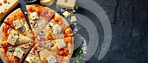 Four cheese Pizza. Cheese Pull. Pizza on a Background with copyspace.