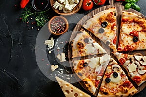 Four cheese Pizza. Cheese Pull. Pizza on a Background with copyspace.