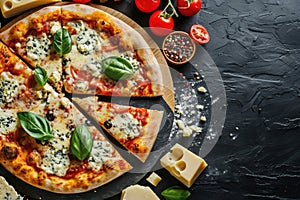 Four cheese Pizza. Cheese Pull. Pizza on a Background with copyspace.