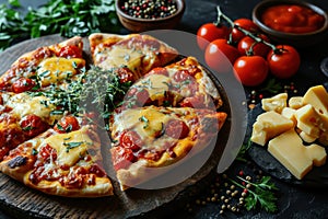 Four cheese Pizza. Cheese Pull. Pizza on a Background with copyspace.