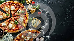 Four cheese Pizza. Cheese Pull. Pizza on a Background with copyspace.