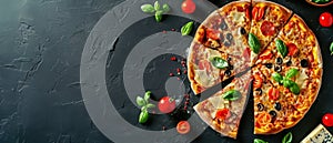 Four cheese Pizza. Cheese Pull. Pizza on a Background with copyspace.