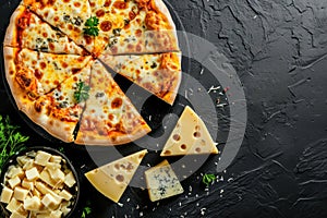 Four cheese Pizza. Cheese Pull. Pizza on a Background with copyspace.