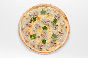 Four cheese pizza quattro fromaggi with mushrooms top view on a white background.