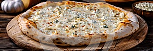 Four Cheeses Pizza with Blue Mold Cheese, Goat Cheese, Mozzarella and Parmesan Closeup