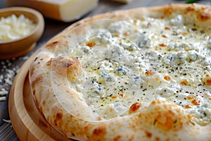 Four Cheeses Pizza with Blue Mold Cheese, Goat Cheese, Mozzarella and Parmesan Closeup