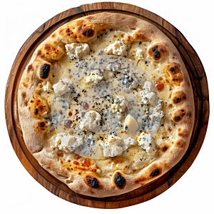 Four Cheeses Pizza with Blue Mold Cheese, Goat Cheese, Mozzarella and Parmesan Top View Isolated