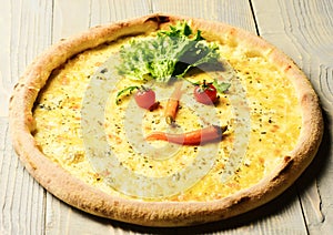 Four cheeses pizza with crunchy edge. Italian cuisine and pizzeria