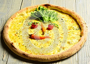 Four cheeses pizza with crunchy edge. Italian cuisine and pizzeria