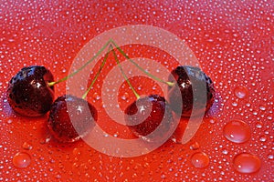 four cherries on a red water drop background