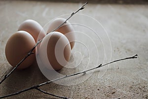 Four chicken organic eggs on rustic wooden background. Spring raw style