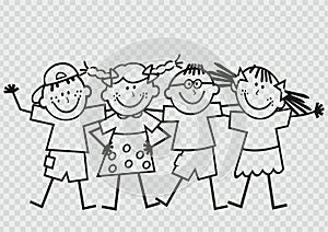 Four children, black line art, vector illustration, eps.