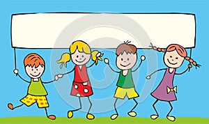 Four children with blank banner, conceptual vector illustration, eps.