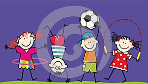 Four children, girls and boys train, sports activity, humorous illustration, eps.