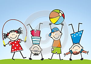 Four children, girls and boys train, sports activity, humorous illustration, eps.