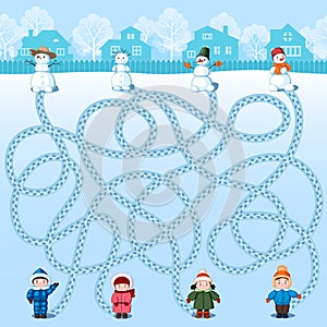 Four children make four snowmen. Find whose is where? Children`s picture with a riddle