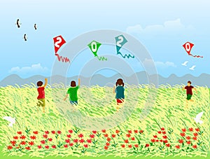 Four children are playing a kite with a 2020 figure in a field of reeds,Red flowers arranged in letters new year,
