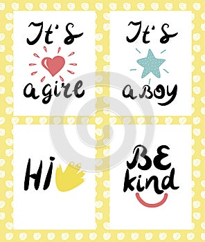 Four children s logo with handwriting. Hi Be kind It s boy girl