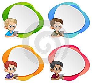 Four children using devices inside speech bubbles