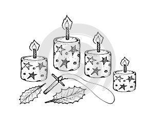 Four Christmas Candles with Holly Leaves and Wooden Cross
