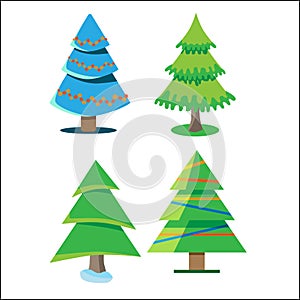 Four Christmas trees with different colors and shapes. Vector illustration.
