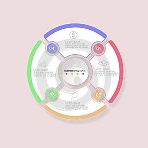 four circle elements with paper icons and place for text to circle white paper. The concept of 4 business development features. In