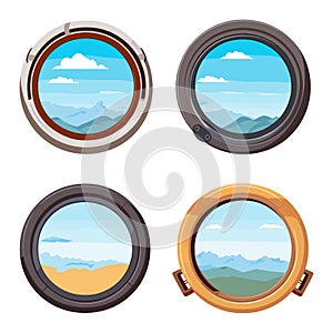 Four circular porthole views showing different scenes of mountains and sky. Travel and exploration through ship windows