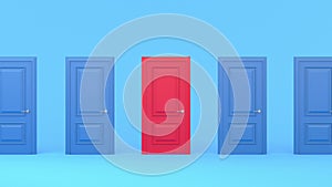 Four closed blue doors and one red open door on a pastel blue background. Choice, business and success concept. Welcome,