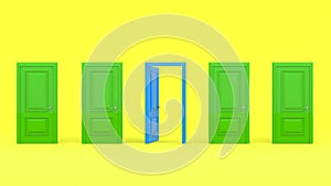 Four closed green doors and one open blue door on a pastel yellow background. Metaphor of possibilities. Choice, business and