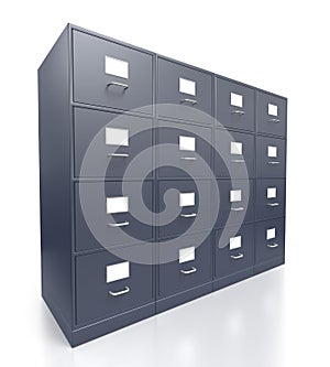 Four closed grey office filing cabinets