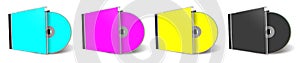 Four CMYK CD or DVD blank template red, green and blue for presentation layouts and design. 3D rendering