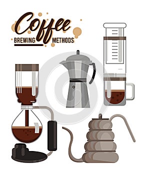 Four coffee brewing methods bundle set icons