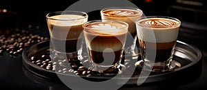 Four coffee glasses on a tray surrounded by coffee beans