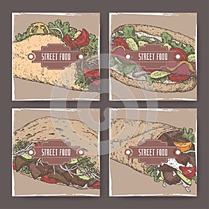 Four color banners with hot dog and taco, kebab and shawarma sketch.