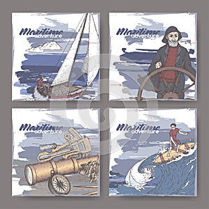 Four color banners with old captain, navigational instruments, sailboat and surfer sketch. Maritime adveture series.