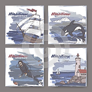 Four color banners with tall ship, lighthouse, scuba diver and jumping whale sketch. Maritime adveture series.