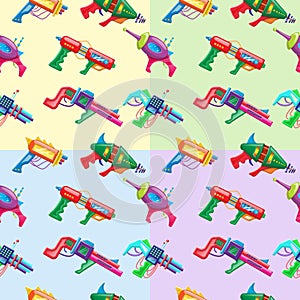 Four color cartoon style seamless pattern of kids colorful blasters.