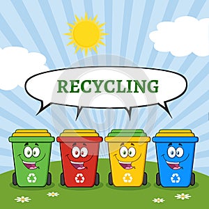 Four Color Recycle Bins Cartoon Character On A Sunny Hill With Speech Bubble And Text Recycling