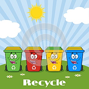 Four Color Recycle Bins Cartoon Character On A Sunny Hill With Text Recycle