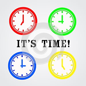 Four color time clock ison design and word it`s time, vector ill