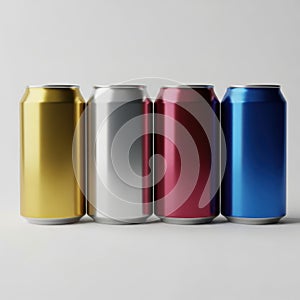 Four colored soda cans isolated on white background